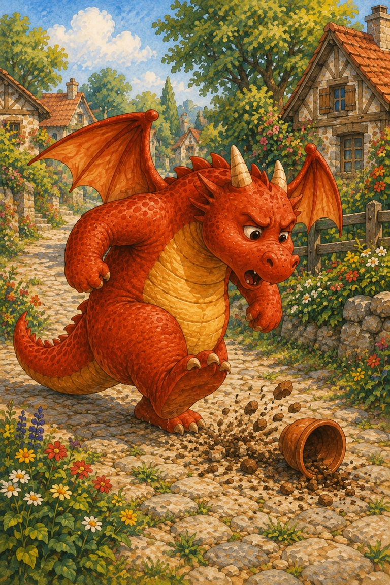 Ember, a red dragon with a golden tummy, stomps through a flower-filled village.