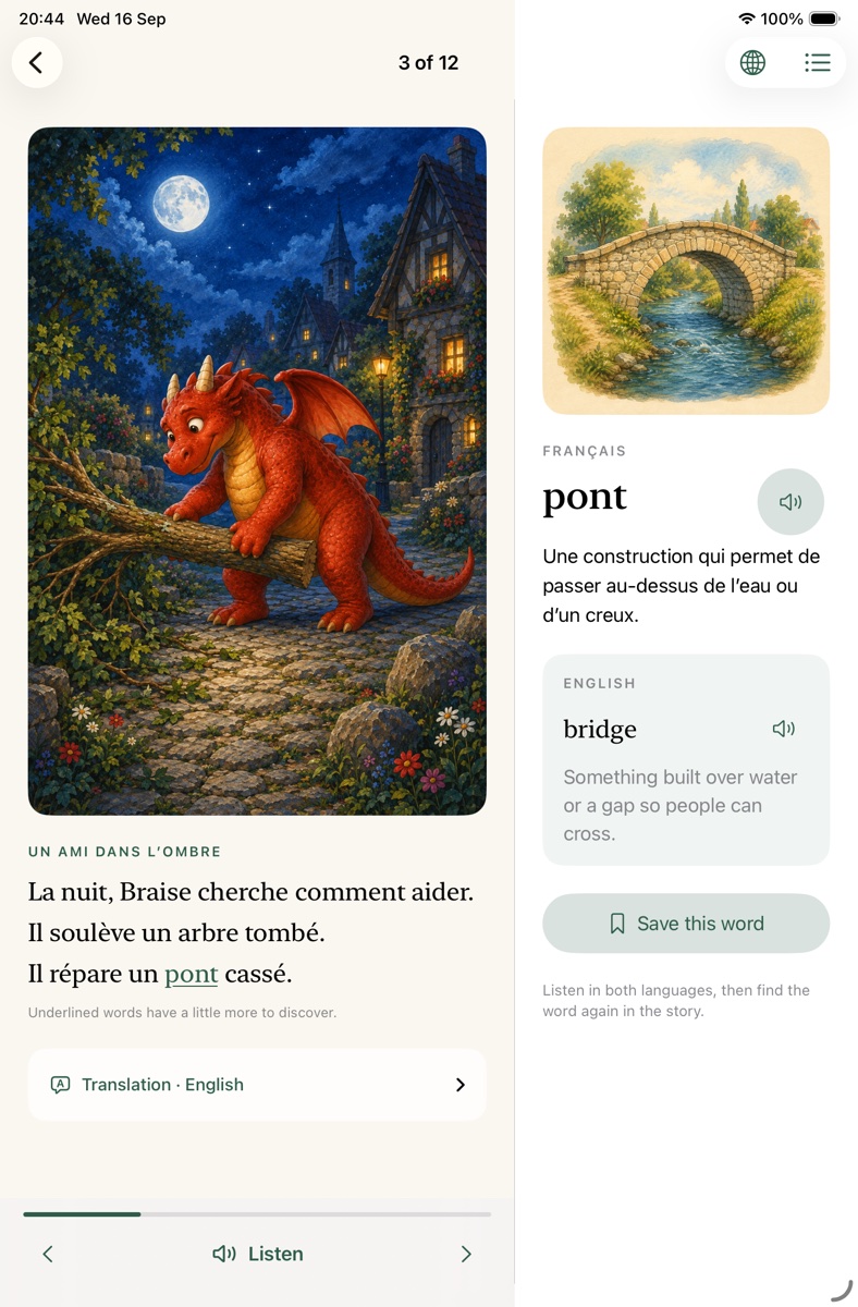 The full iPad reading screen, with the French story beside an illustrated definition of pont and its English translation, bridge.