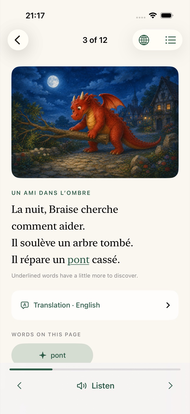 The full iPhone reading screen, showing the French story and English translation control.